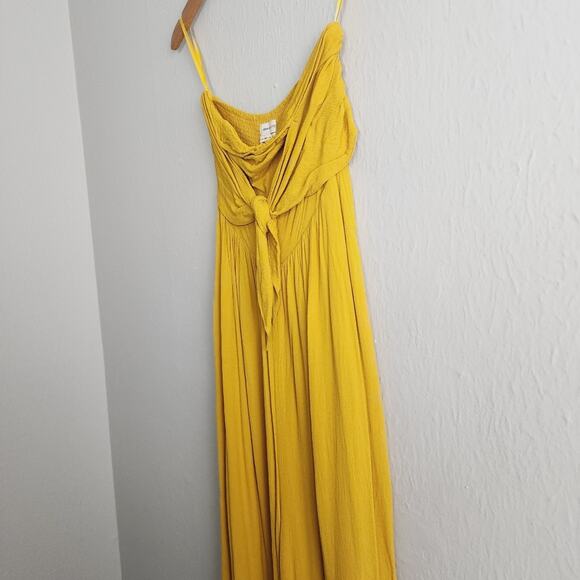 UO Candy Tie-Front Strapless Jumpsuit Cropped Wide Leg Mustard S 70s - Picture 9 of 14